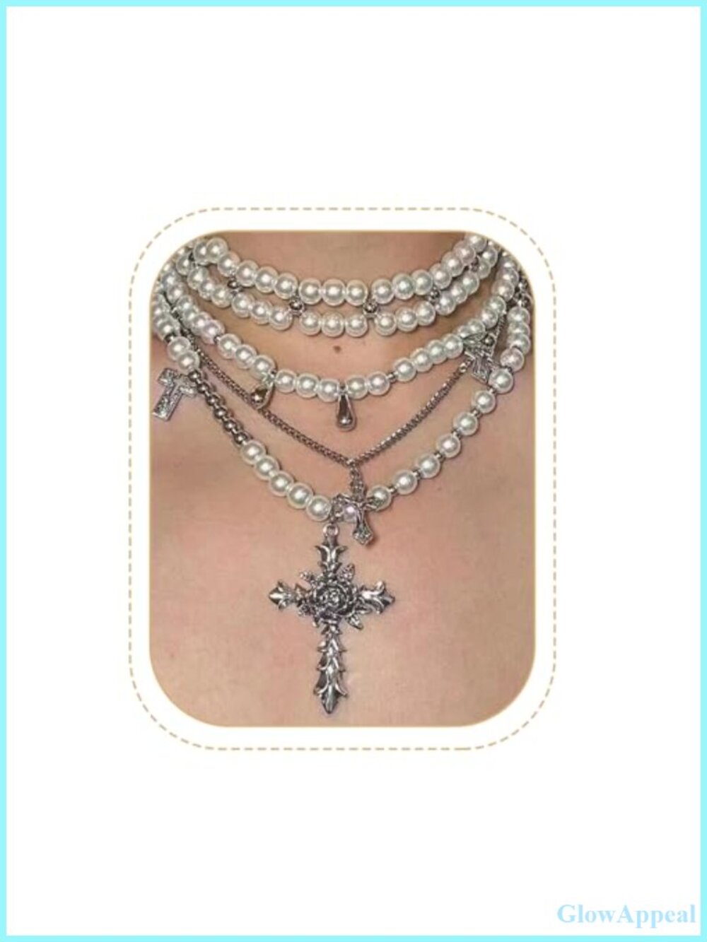 Layered Cross Pearl Choker Necklace Gothic Y2K Stacked Lobster Clasp Women